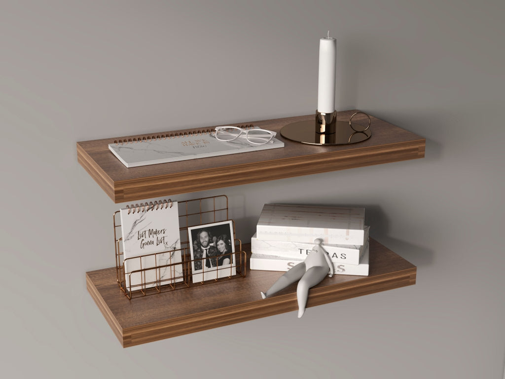 Walnut floating shelves from Anthony & Home's Elite Edition two-shelf system, showcasing sleek wood design and modern wall installation.