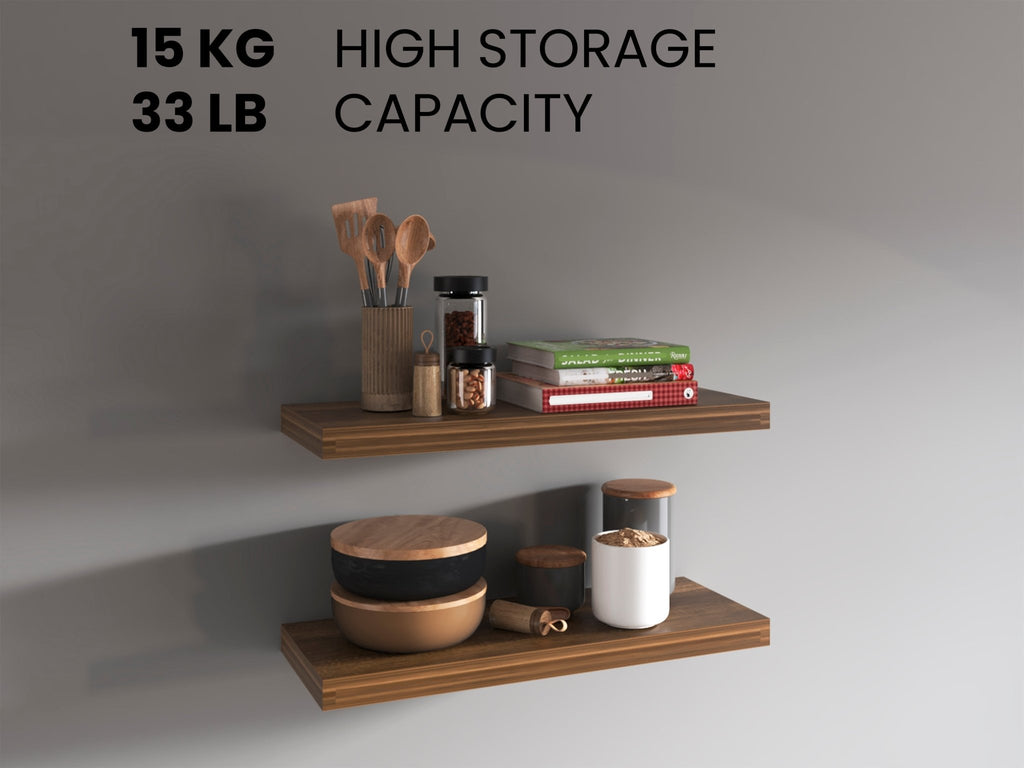 Walnut floating shelves from Anthony & Home, two-shelf system, Elite Edition, showcasing sleek walnut wood design for modern decor.