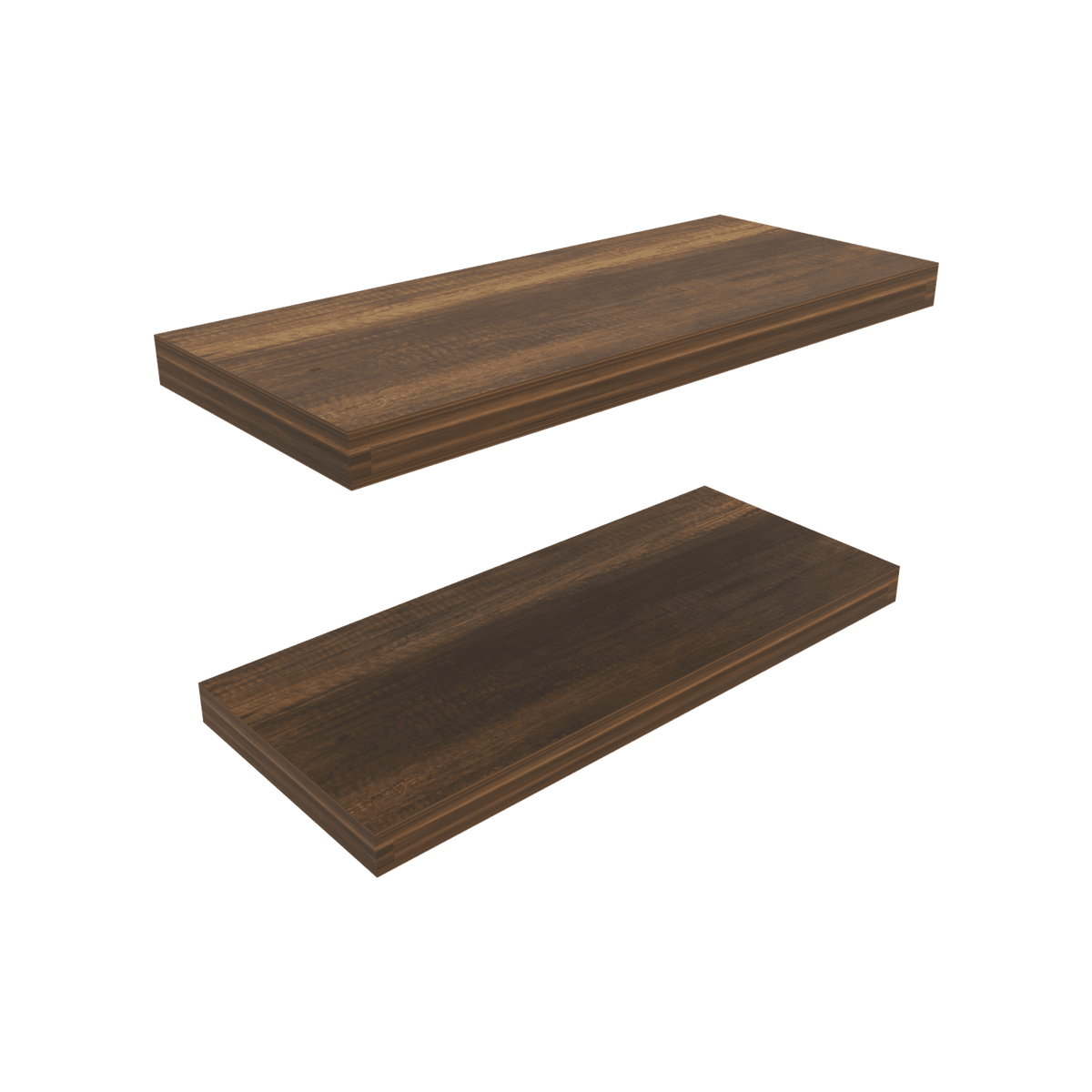 Walnut floating shelves from Anthony & Home's Elite Edition two-shelf system, showcasing sleek wood design and modern wall mounting.