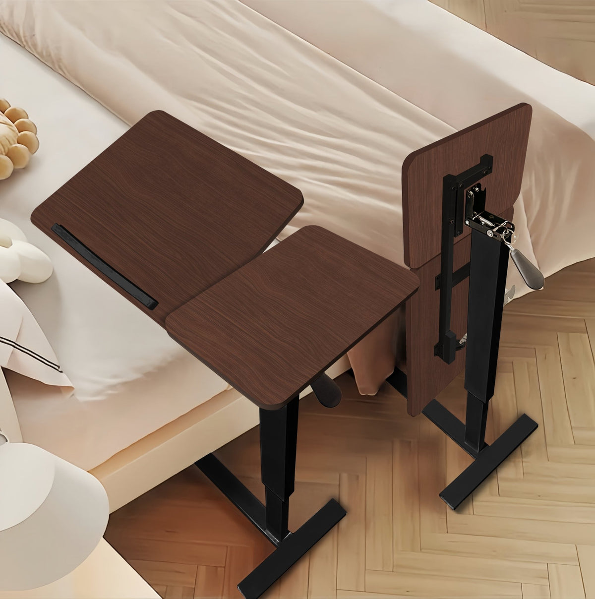 Walnut folding overbed table by Anthony & Home, showcasing its sleek wooden surface and adjustable folding design.