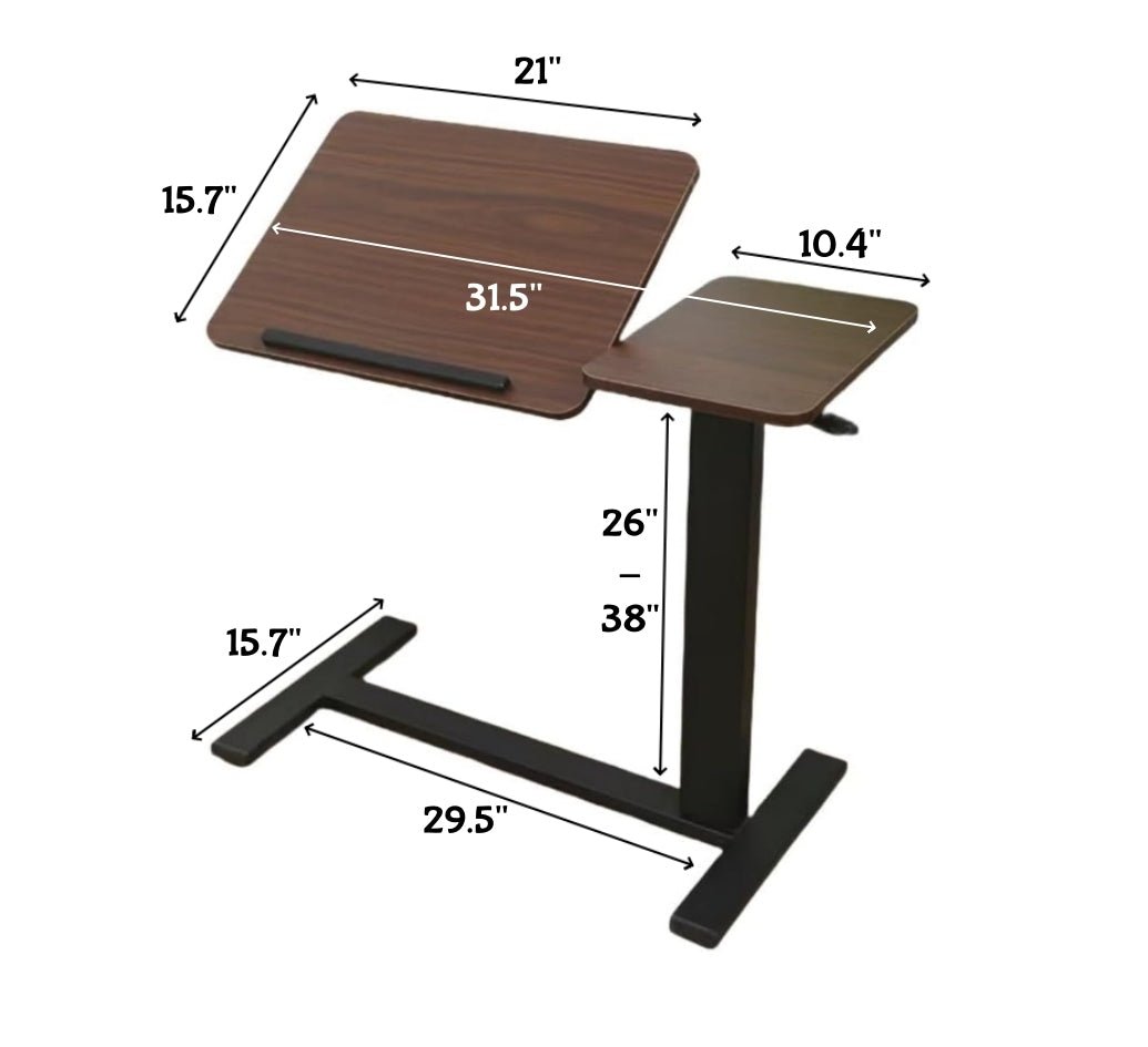 Walnut folding overbed table by Anthony & Home with adjustable height and sturdy construction for convenient bedside use.