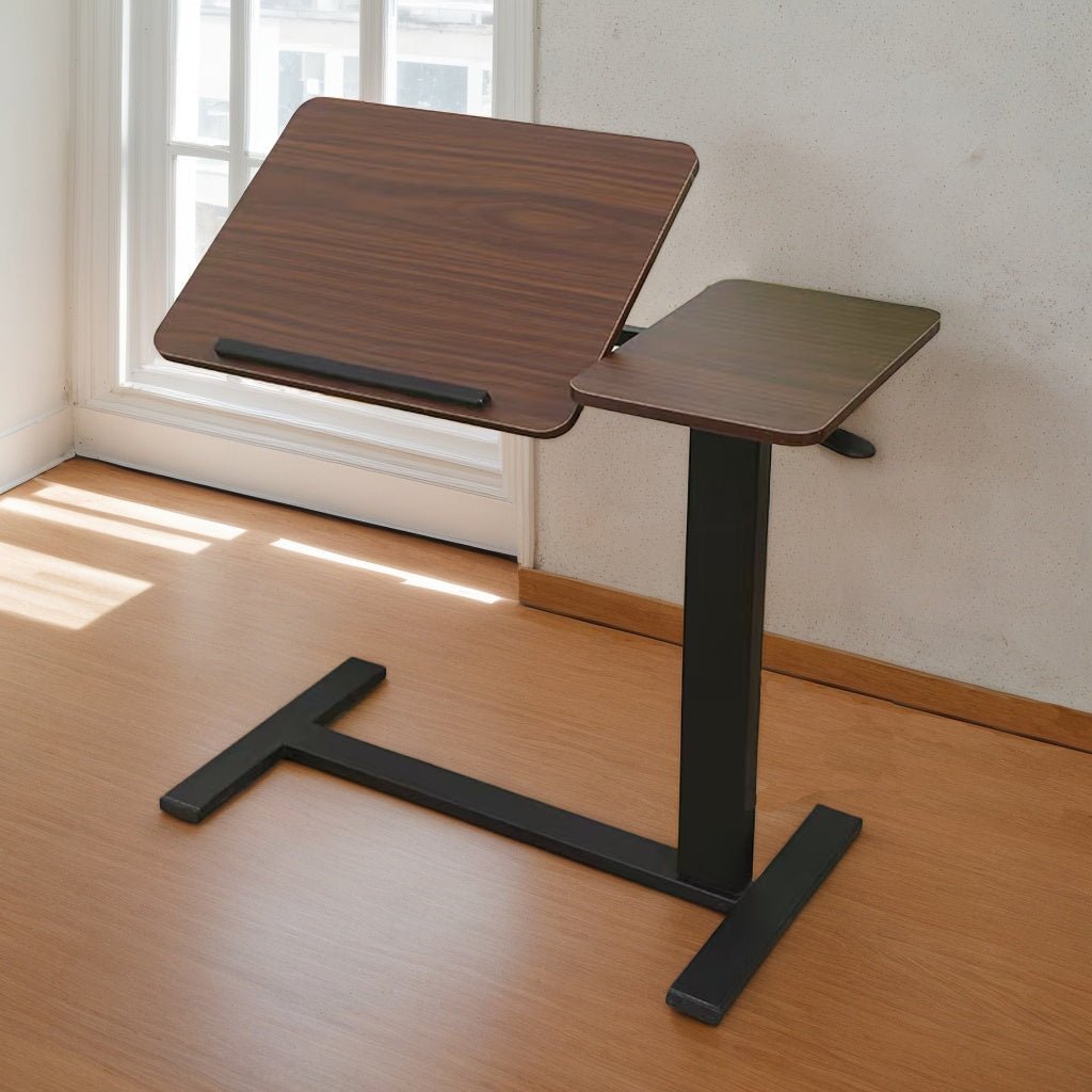 Walnut folding overbed table by Anthony & Home, versatile wooden table with adjustable height and smooth surface for bedside use.