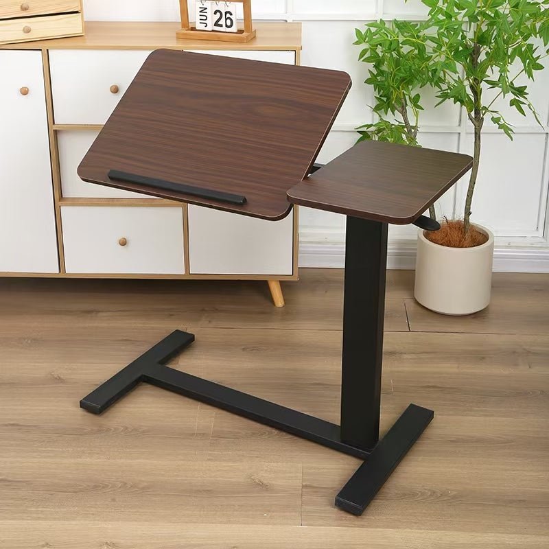 Walnut Anthony & Home folding overbed table with adjustable height and sturdy wooden surface for convenient bedside use.