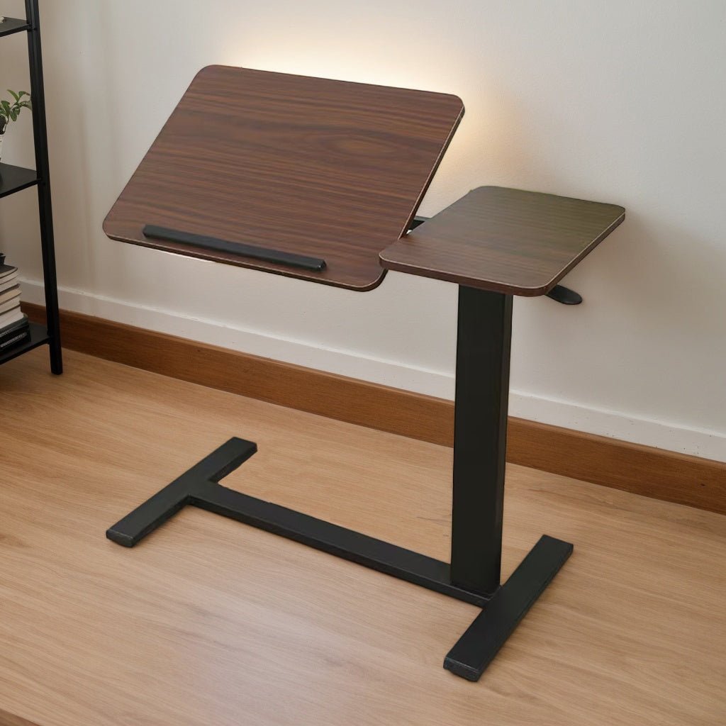 Walnut folding overbed table from Anthony & Home showing a sleek wooden surface and adjustable legs for versatile use