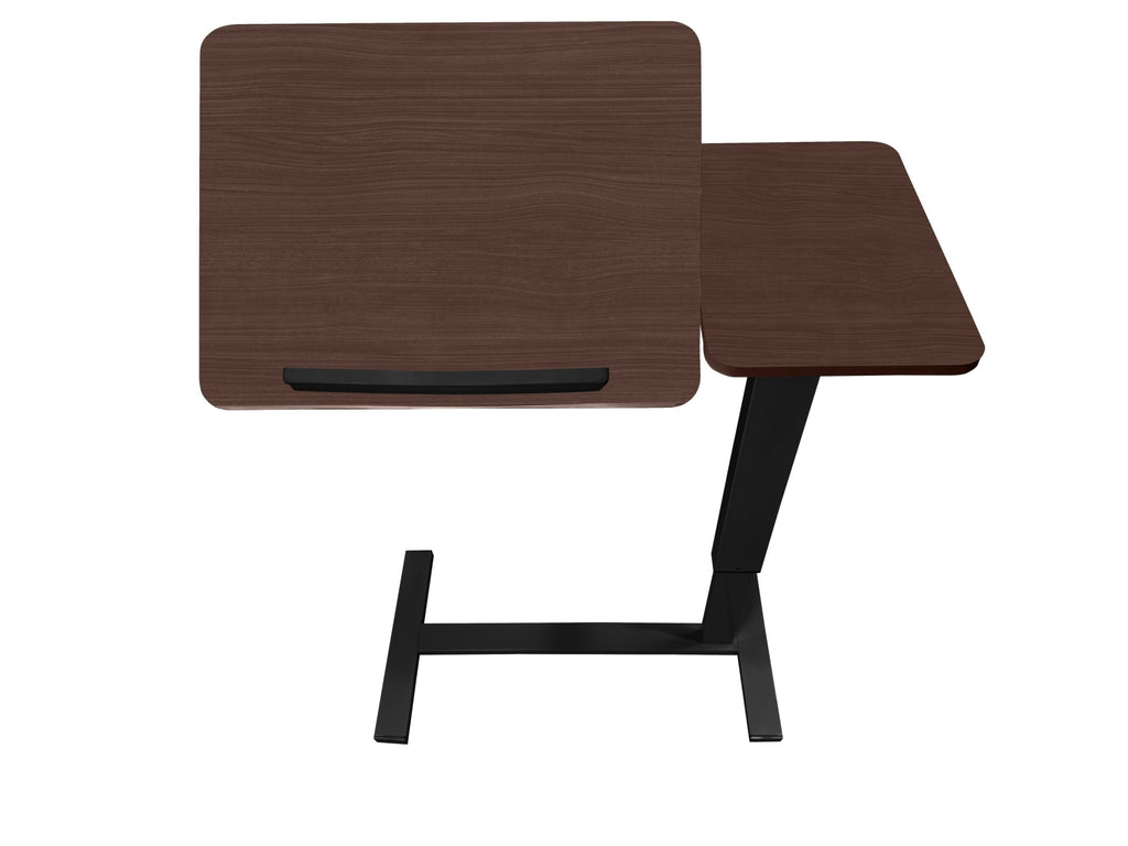Walnut folding overbed table by Anthony & Home with a spacious surface and adjustable height, ideal for bedside use.
