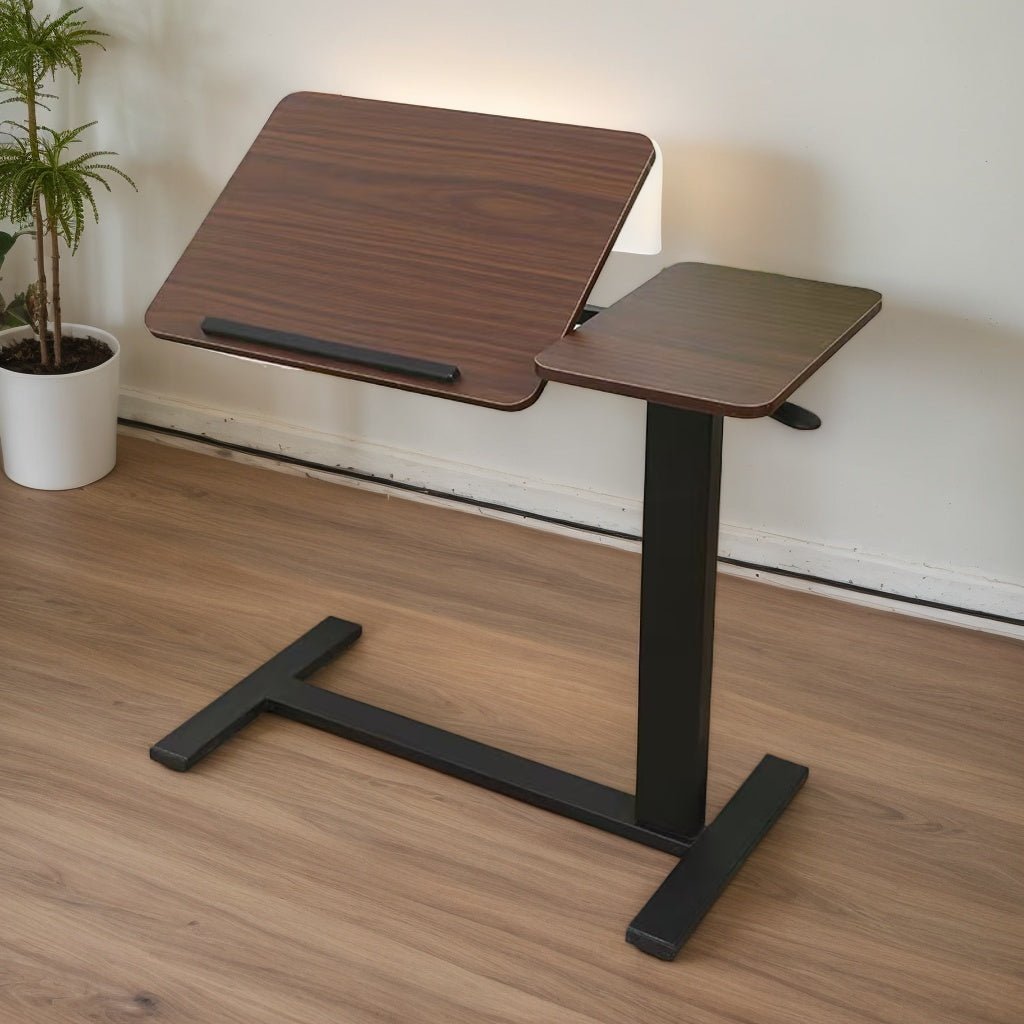 Walnut folding overbed table by Anthony & Home, featuring a wooden surface and adjustable legs for convenient bedside use.