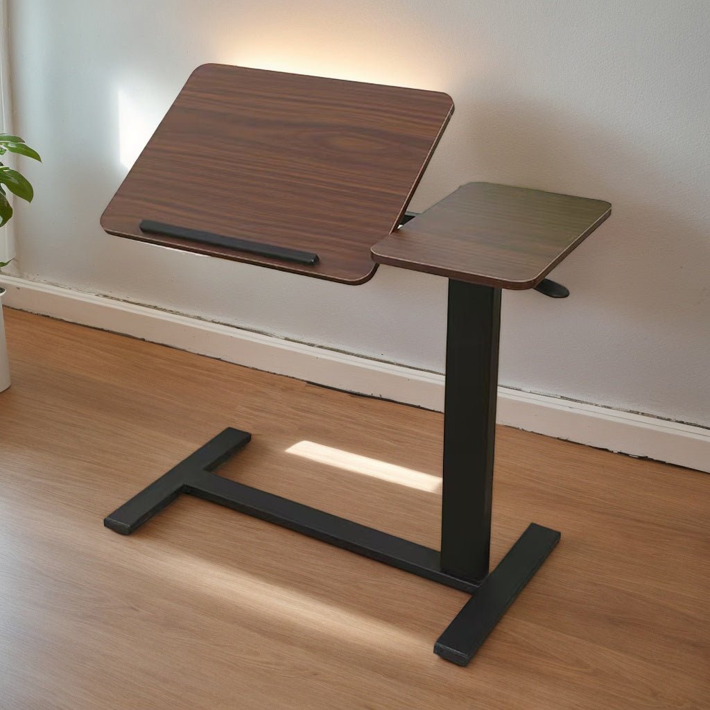Walnut folding overbed table by Anthony & Home, featuring a sturdy wooden surface and adjustable height for convenient bedside use.