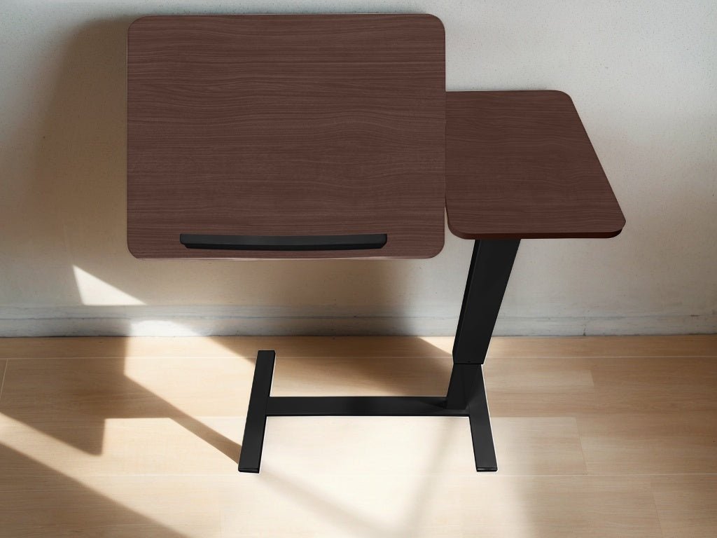 Walnut Anthony & Home folding overbed table with adjustable height and spacious surface for convenient use.