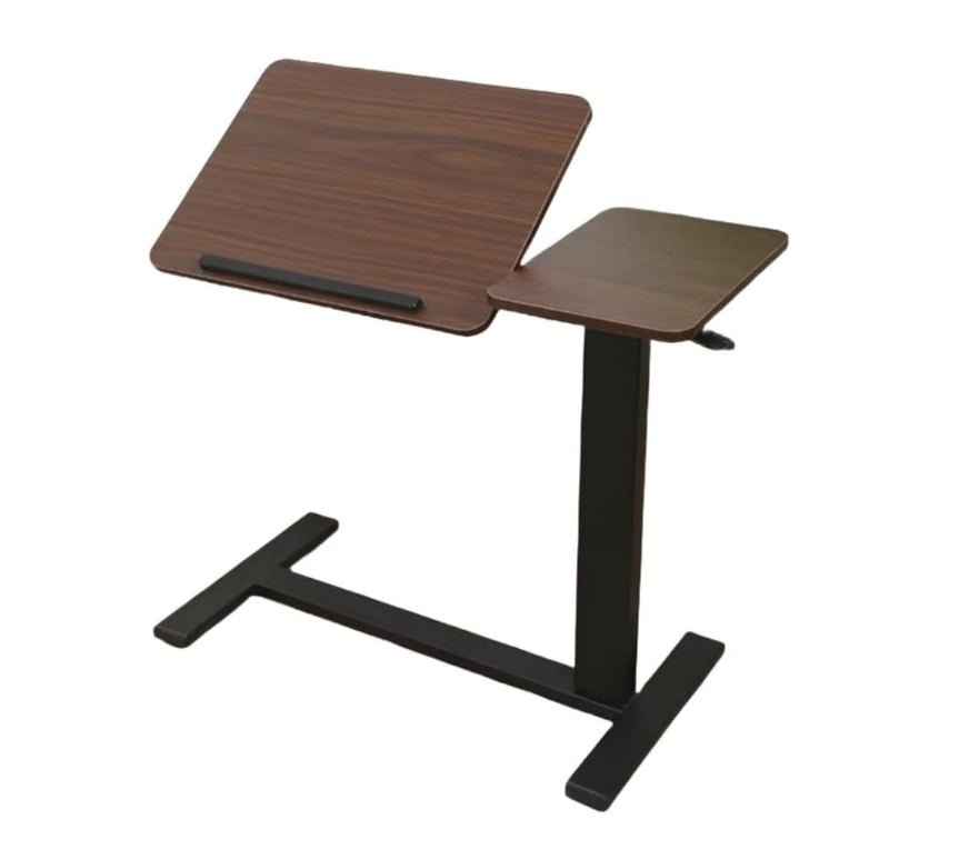 Walnut folding overbed table by Anthony & Home with a sleek wooden surface and adjustable height for convenient bedside use.