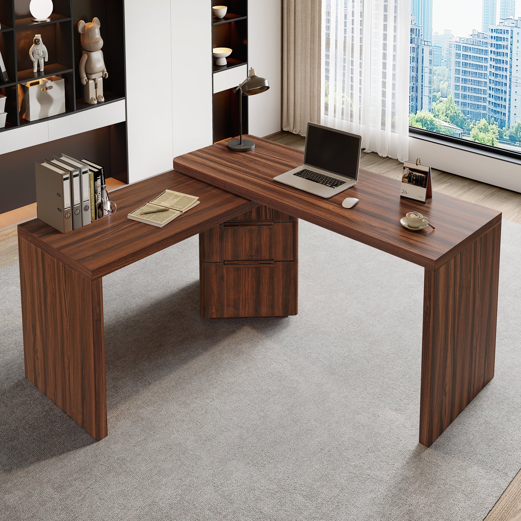 Walnut L-shaped desk with 3 drawers and 360-degree rotation by Anthony & Home, featuring a sleek, modern office workspace design.