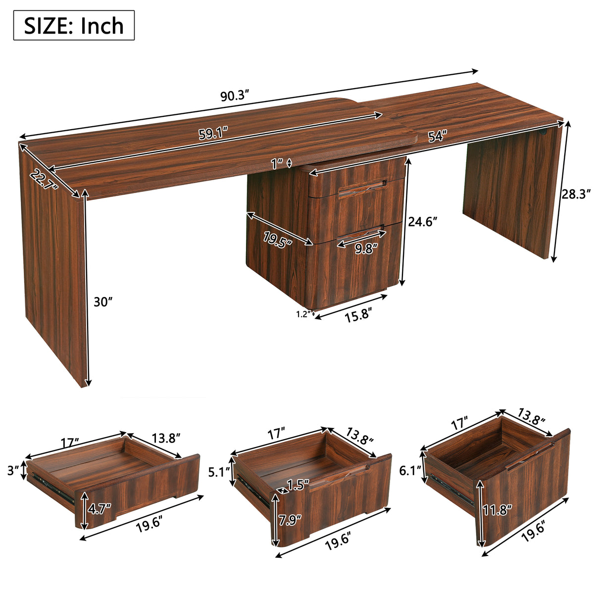 Walnut L-shaped desk with 3 drawers and 360-degree rotation by Anthony & Home, showcasing the spacious workspace and modern design.