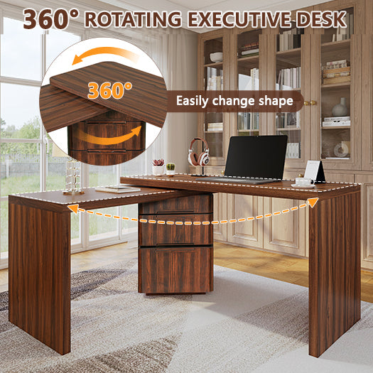 Walnut L-shaped desk from Anthony & Home with 3 drawers and 360-degree rotation, featuring a modern office workspace design.