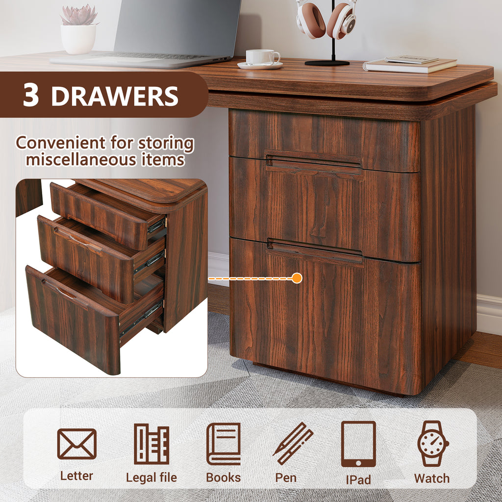 Walnut L-shaped desk with three drawers and 360-degree rotation, Anthony & Home Atelier office furniture.
