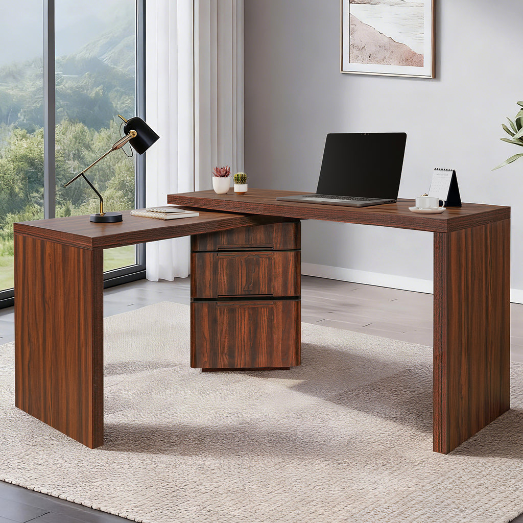 Walnut L-shaped desk with 3 drawers and 360-degree rotation by Anthony & Home, showcasing its spacious workspace and modern design.