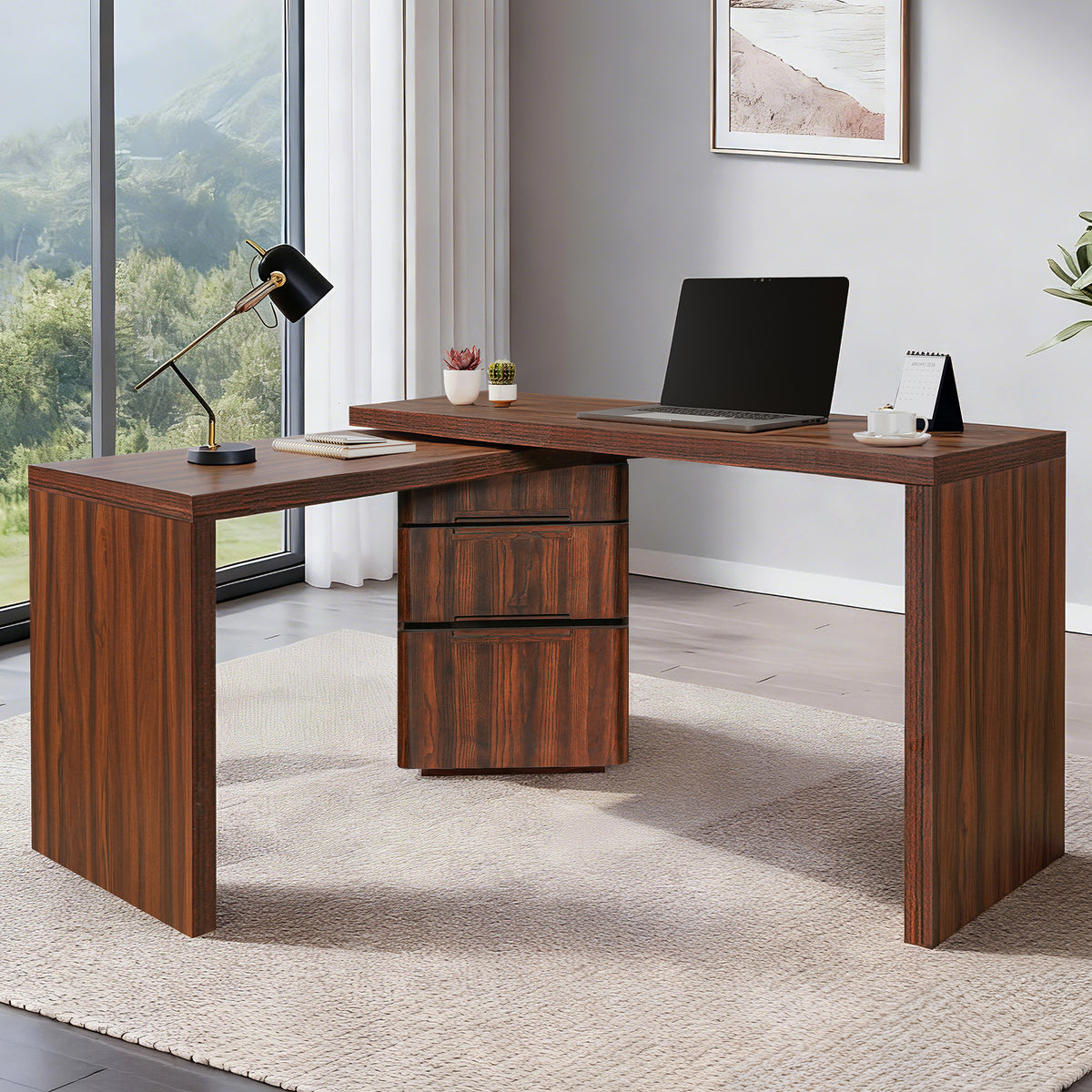 Walnut L-shaped desk with 3 drawers and 360-degree rotation by Anthony & Home, showcasing its spacious workspace and modern design.