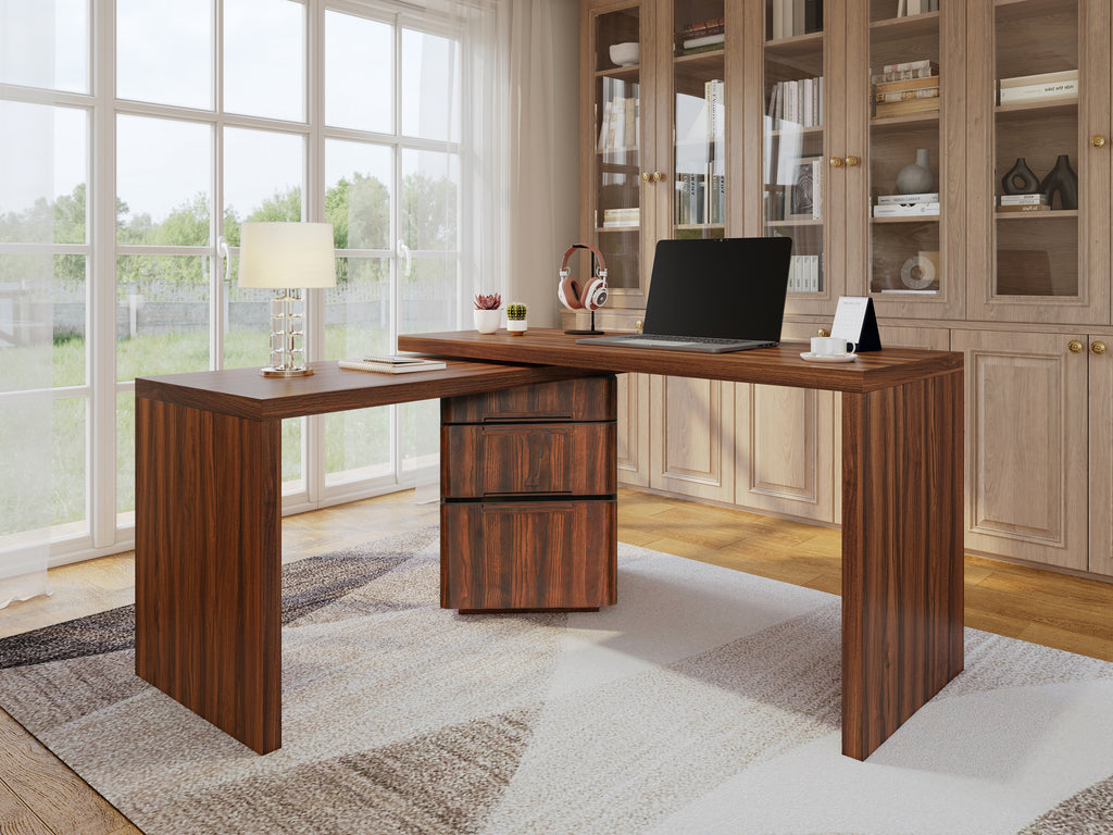 Walnut Anthony & Home L-shaped desk with 3 drawers and 360-degree rotation, showcasing smooth wood finish and functional design.