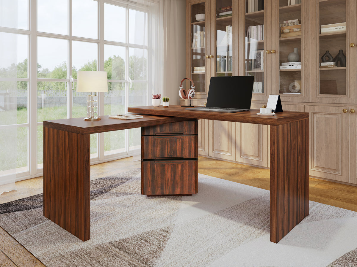 Walnut Anthony & Home L-shaped desk with 3 drawers and 360-degree rotation, showcasing smooth wood finish and functional design.