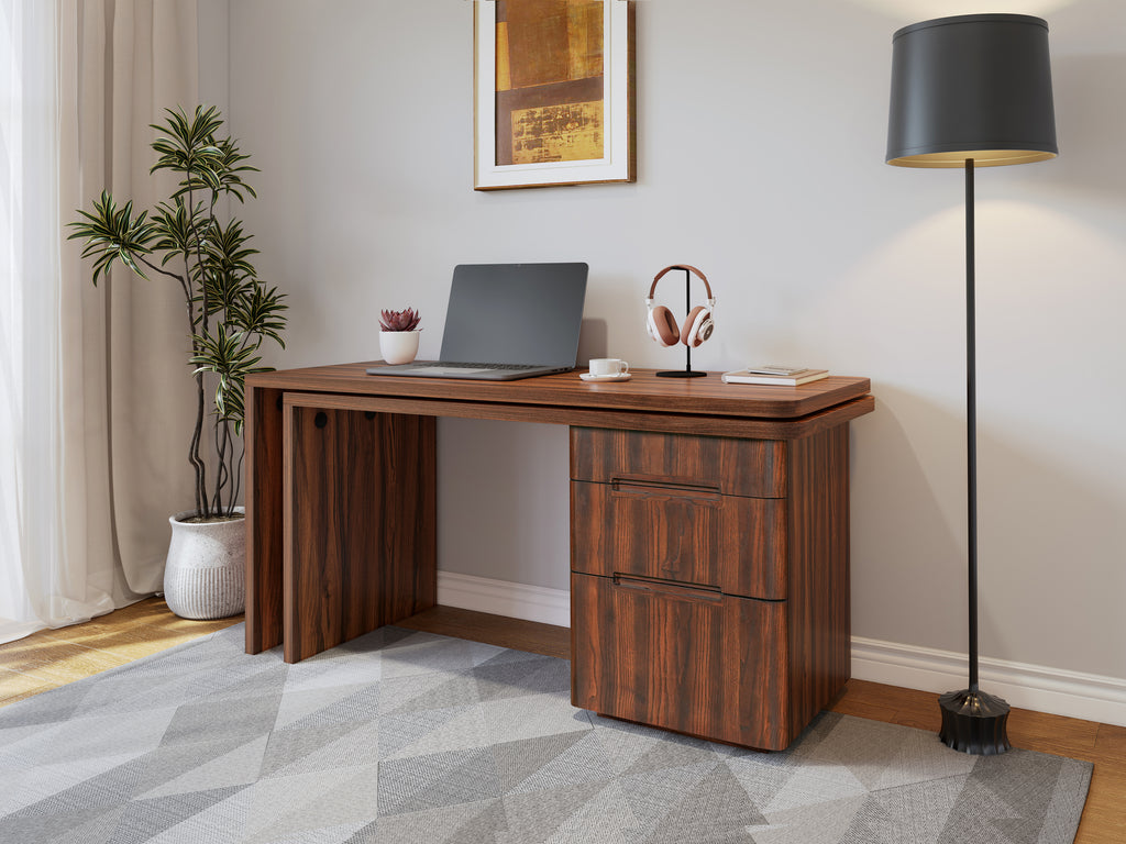 Walnut L-shaped desk with 3 drawers from Anthony & Home featuring 360-degree rotation and a sleek, modern design.