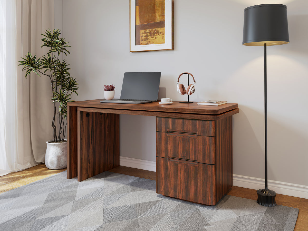 Walnut L-shaped desk with 3 drawers from Anthony & Home featuring 360-degree rotation and a sleek, modern design.