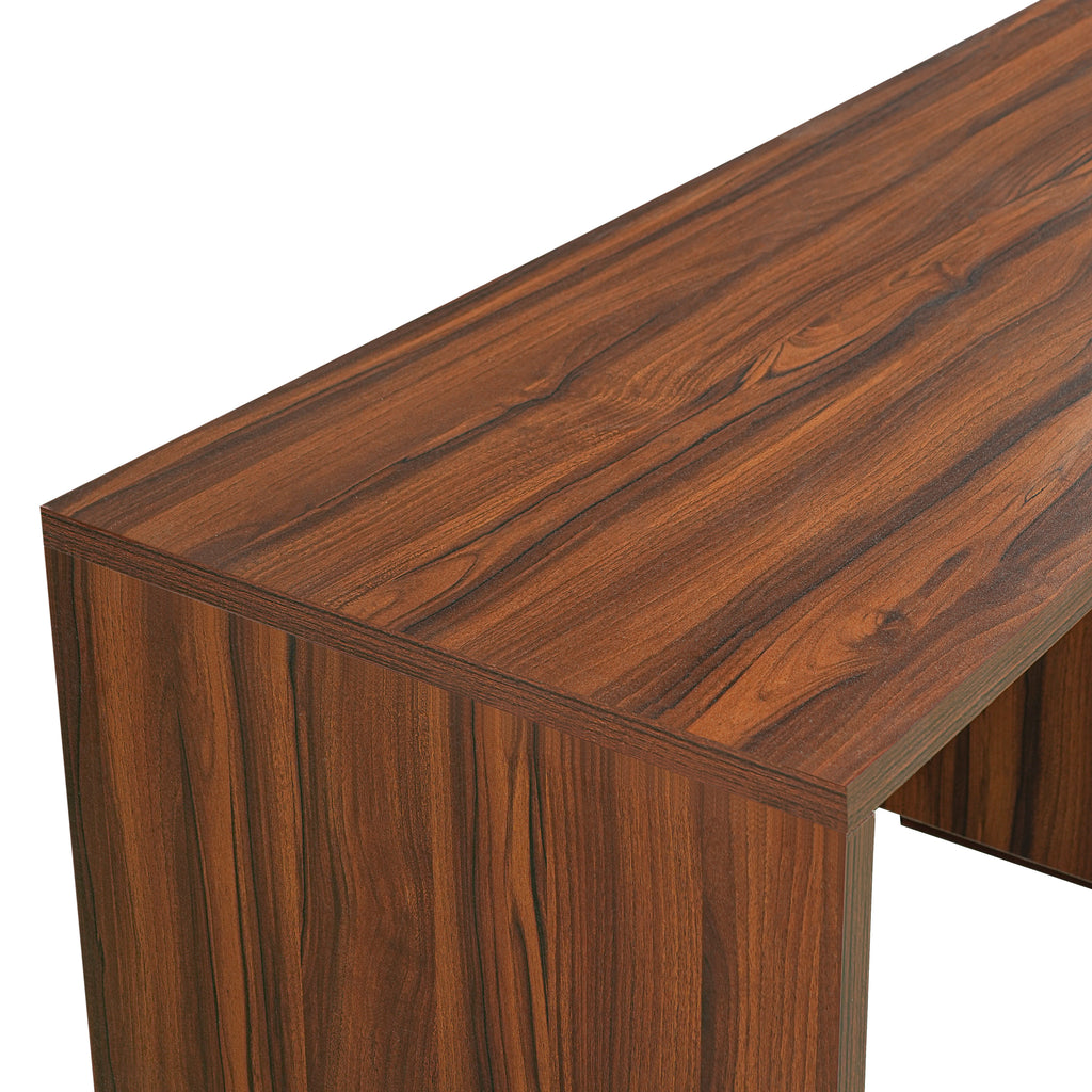 Walnut L-shaped desk with three drawers and 360-degree rotation by Anthony & Home, featuring a modern design and workstation setup.