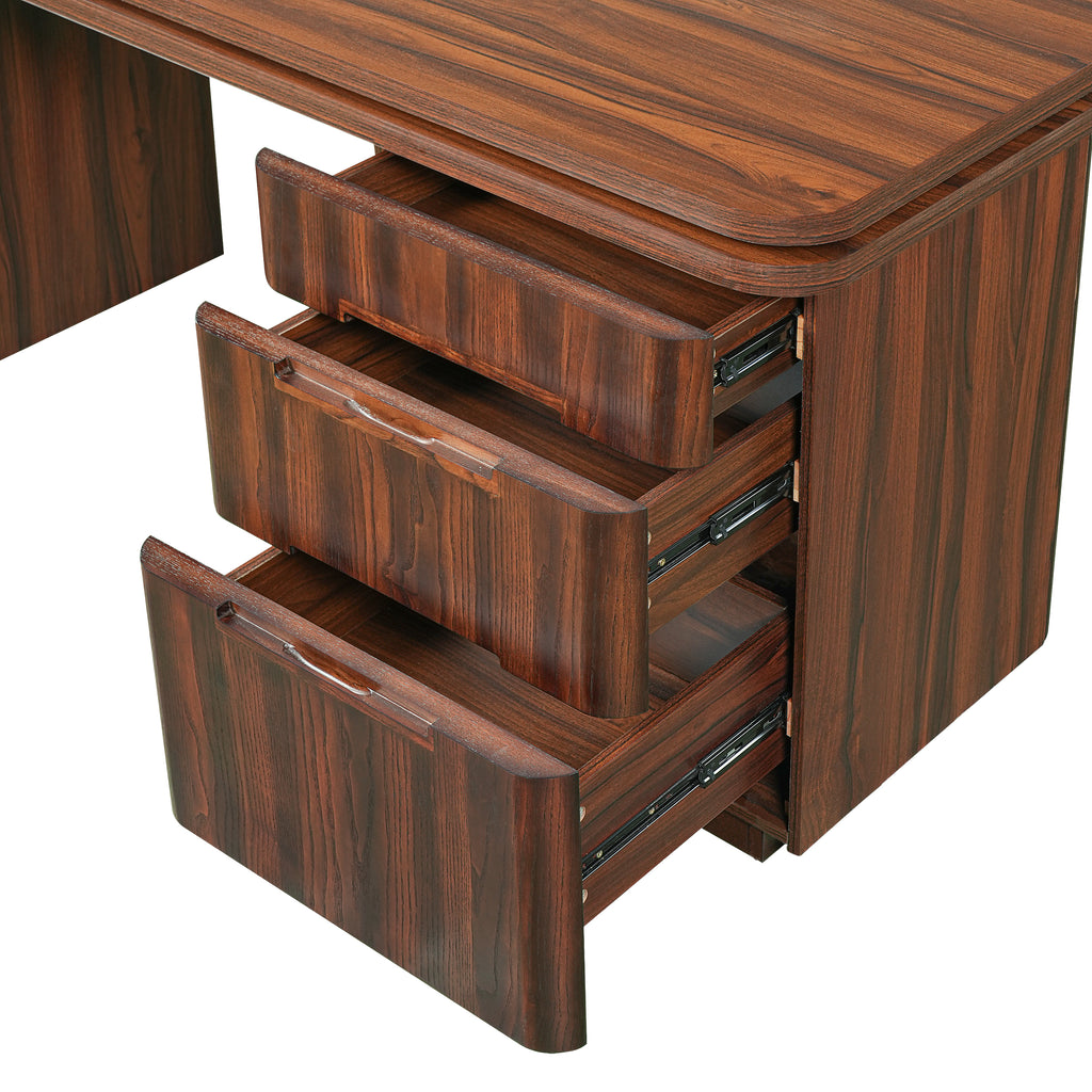Walnut L-shaped desk by Anthony & Home with three drawers and 360-degree rotation, featuring a sleek, modern design.