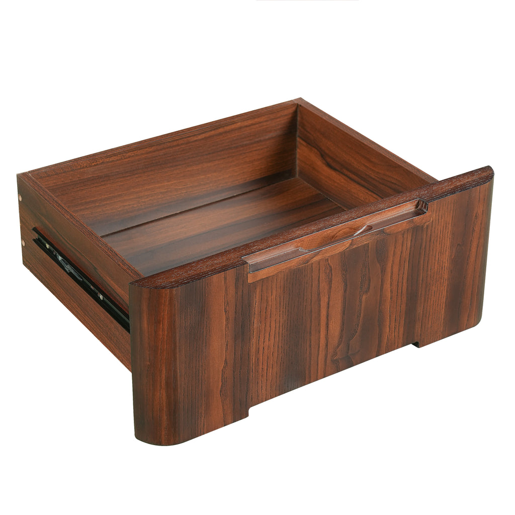 Walnut L-shaped desk by Anthony & Home with 3 drawers and 360-degree rotation, showcasing a sleek, modern office workspace.