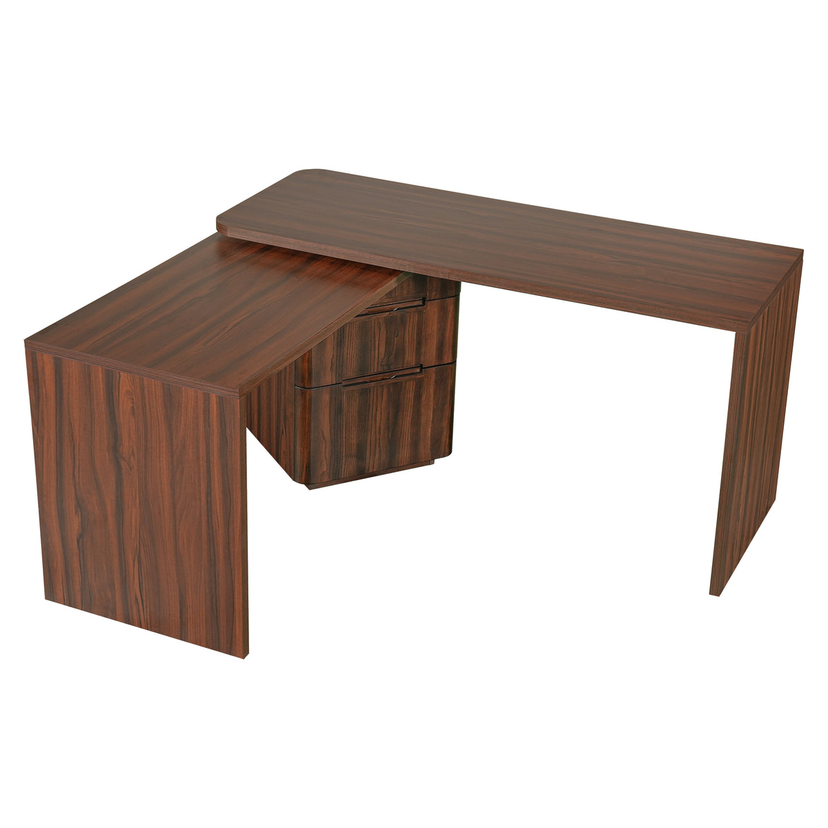 Walnut L-shaped desk with 3 drawers and 360-degree rotation by Anthony & Home, featuring a modern office workspace design.