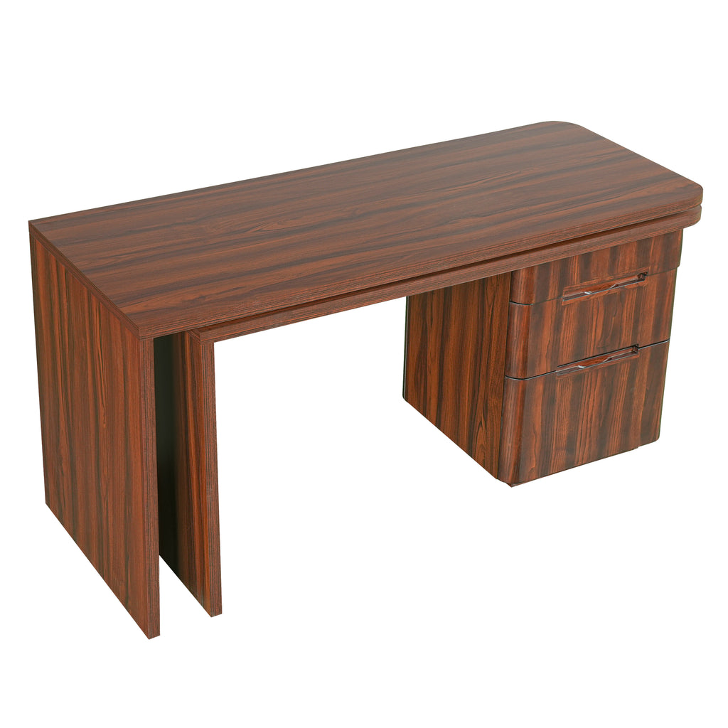 Walnut L-shaped desk by Anthony & Home with 3 drawers and 360-degree rotation, featuring a sleek modern design.