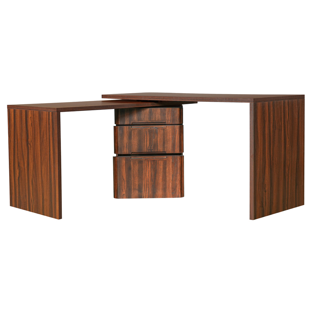 Walnut L-shaped desk with 3 drawers and 360-degree rotation by Anthony & Home, featuring a sleek, modern office workspace design.