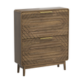 Walnut mid-century studio shoe cabinet by Anthony & Home with two flip-top drawers and sleek modern design