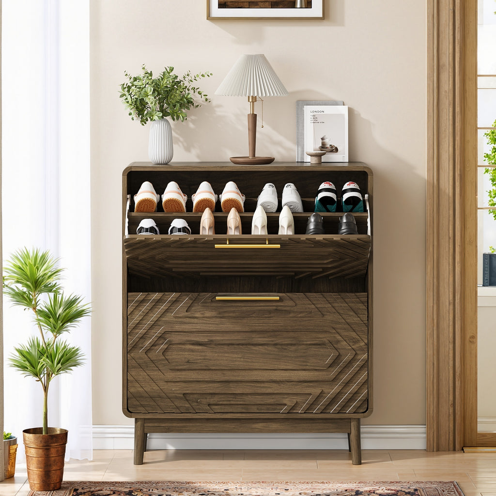 Walnut mid-century shoe cabinet by Anthony & Home with two flip-top drawers and sleek modern design.