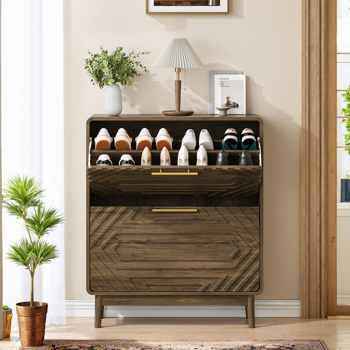 Walnut mid-century shoe cabinet by Anthony & Home with two flip-top drawers and sleek modern design.