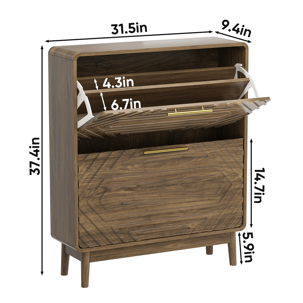 Walnut mid-century studio shoe cabinet by Anthony & Home with two flip-top drawers and sleek modern design.