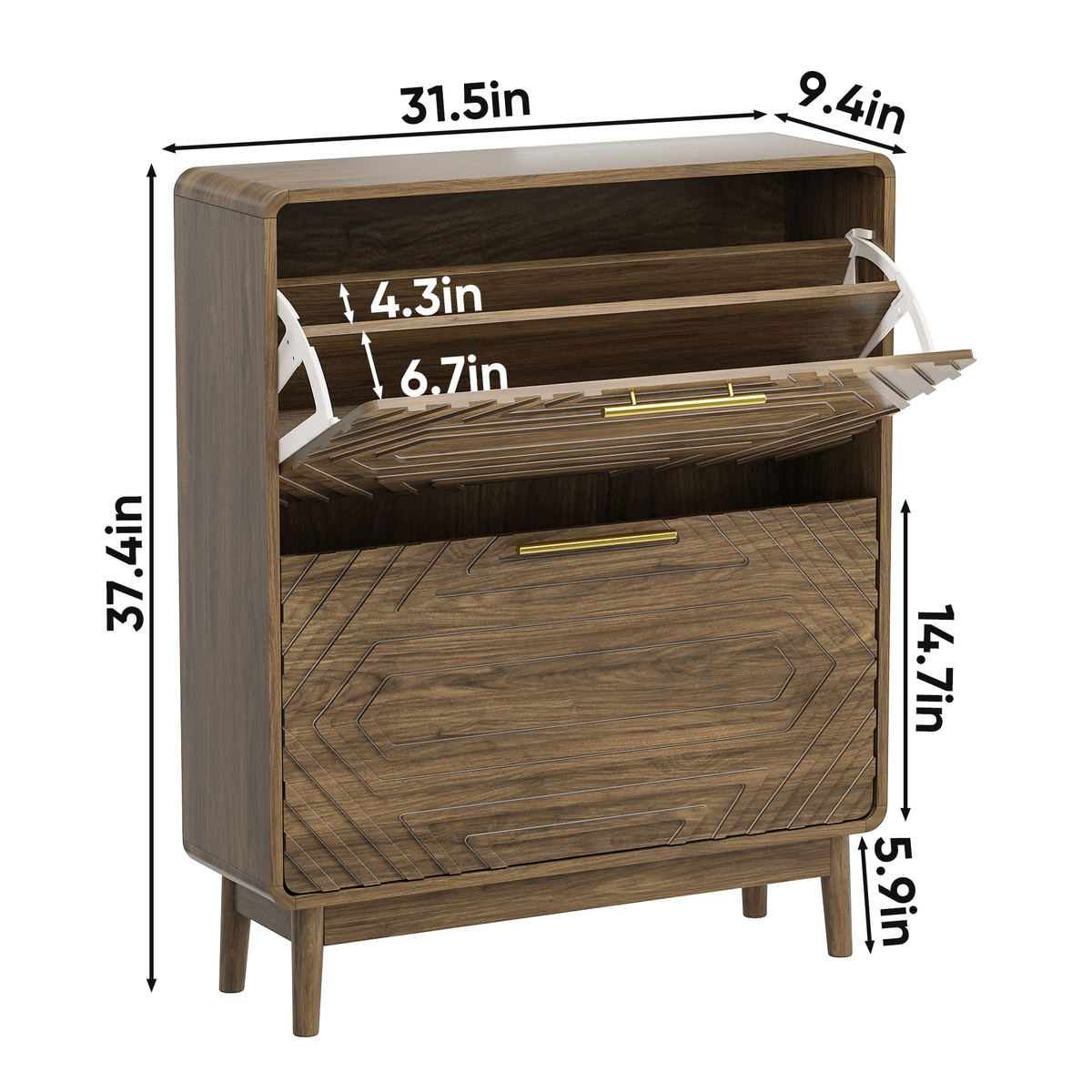 Walnut mid-century studio shoe cabinet by Anthony & Home with two flip-top drawers and sleek modern design.