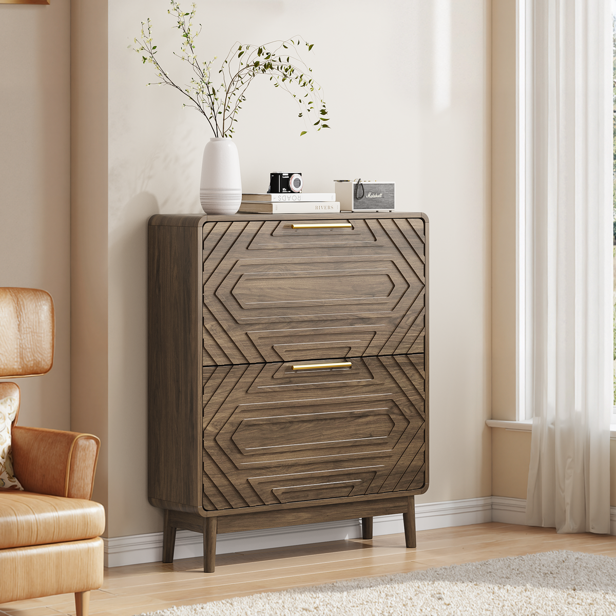 Walnut mid-century studio shoe cabinet with two flip-top drawers, designed by Anthony & Home, featuring a sleek modern look.