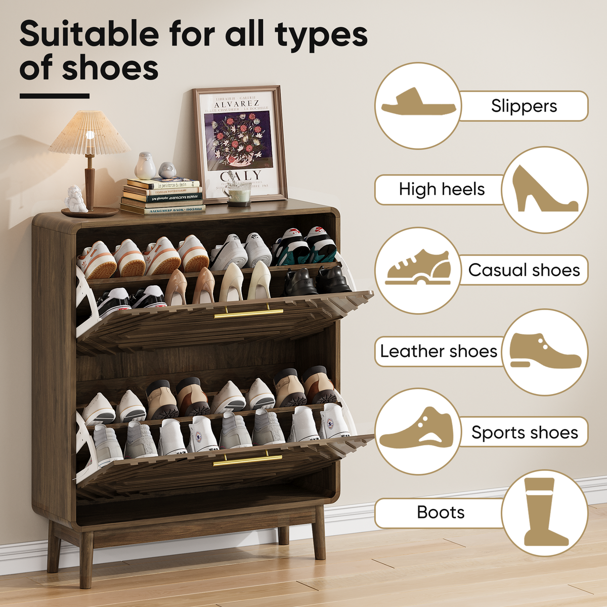 Walnut mid-century style shoe cabinet by Anthony & Home with two flip-top drawers, sleek and functional for entryway storage