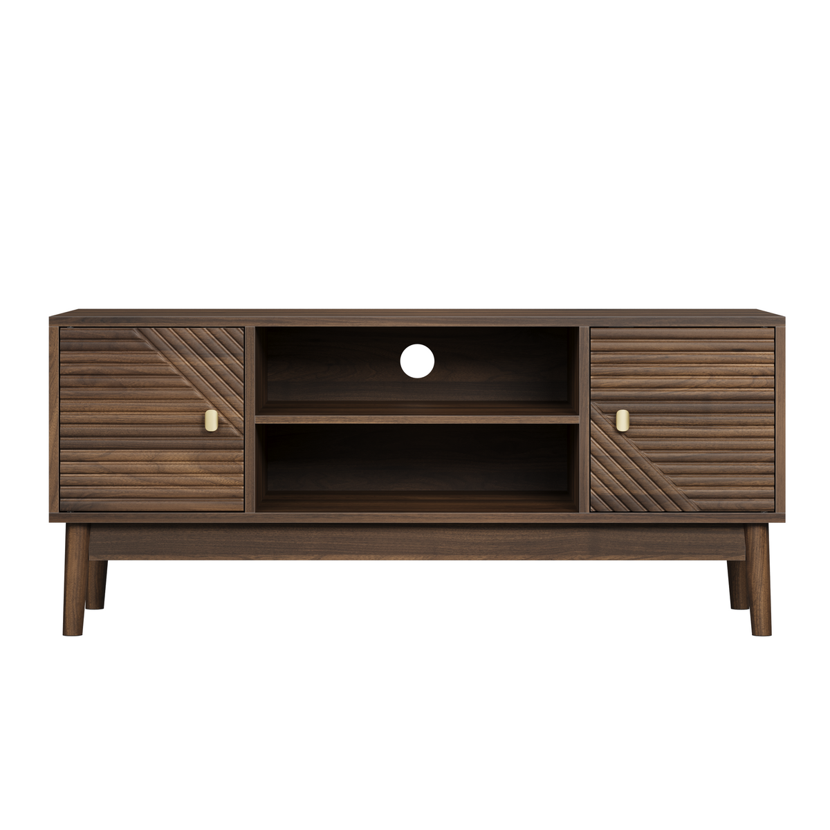 Walnut mid-century TV stand by Anthony & Home, featuring sleek design, two drawers, and open shelving for modern entertainment setup.