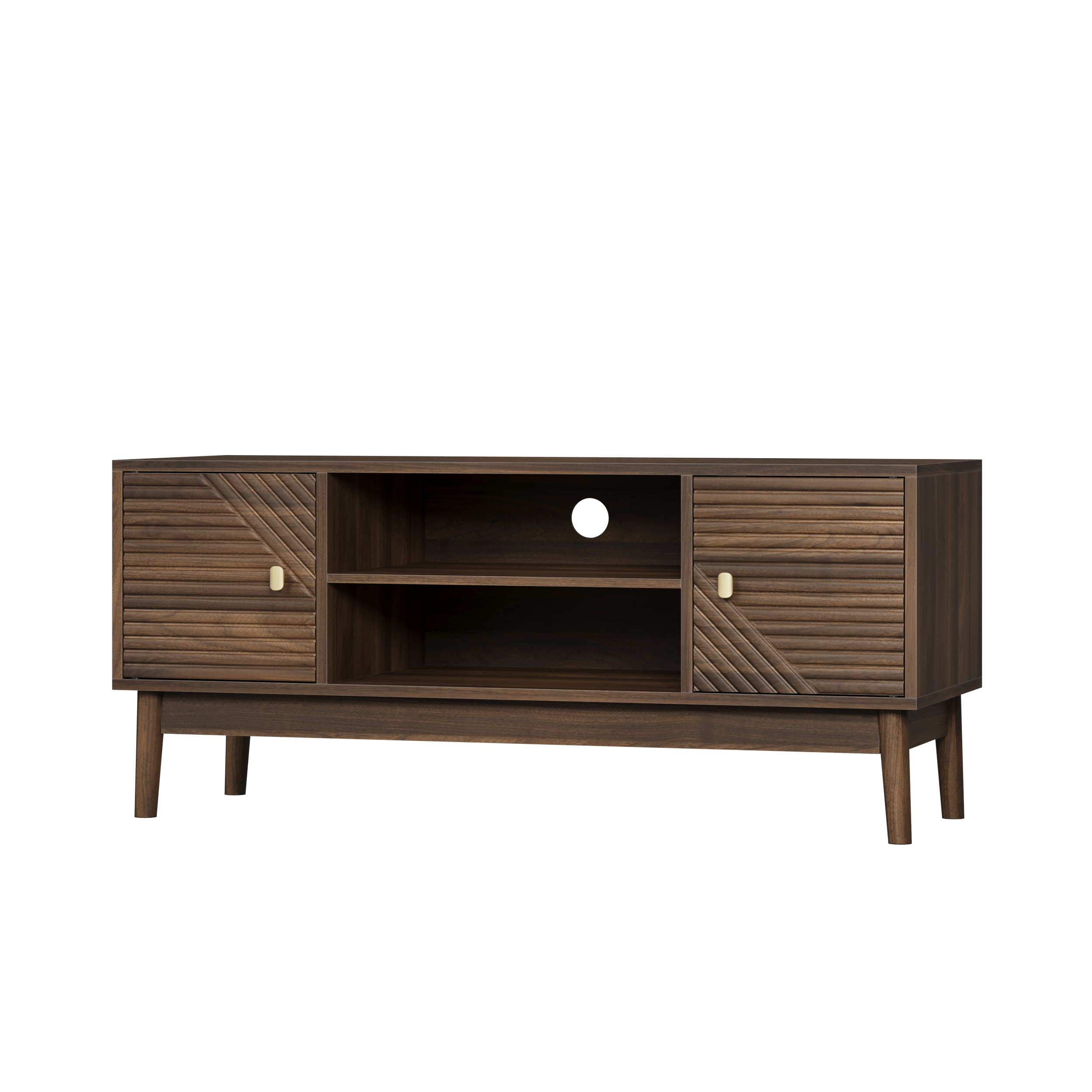 Walnut Mid-Century TV stand by Anthony & Home featuring sleek design and storage compartments, perfect for modern living rooms.