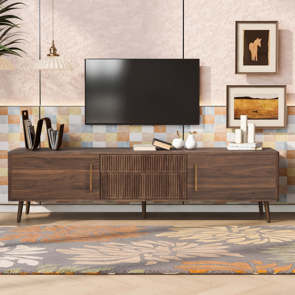 Walnut solid wood mid-century TV stand with two drawers, crafted by Anthony & Home, featuring a sleek, modern design.