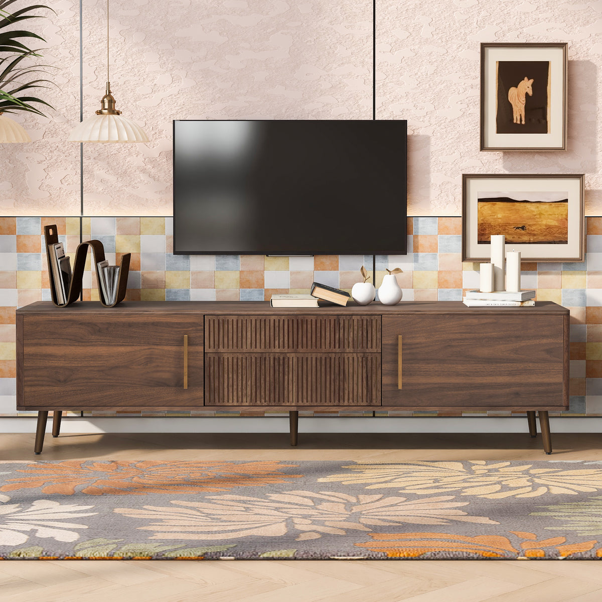 Walnut solid wood mid-century TV stand with two drawers, crafted by Anthony & Home, featuring a sleek, modern design.