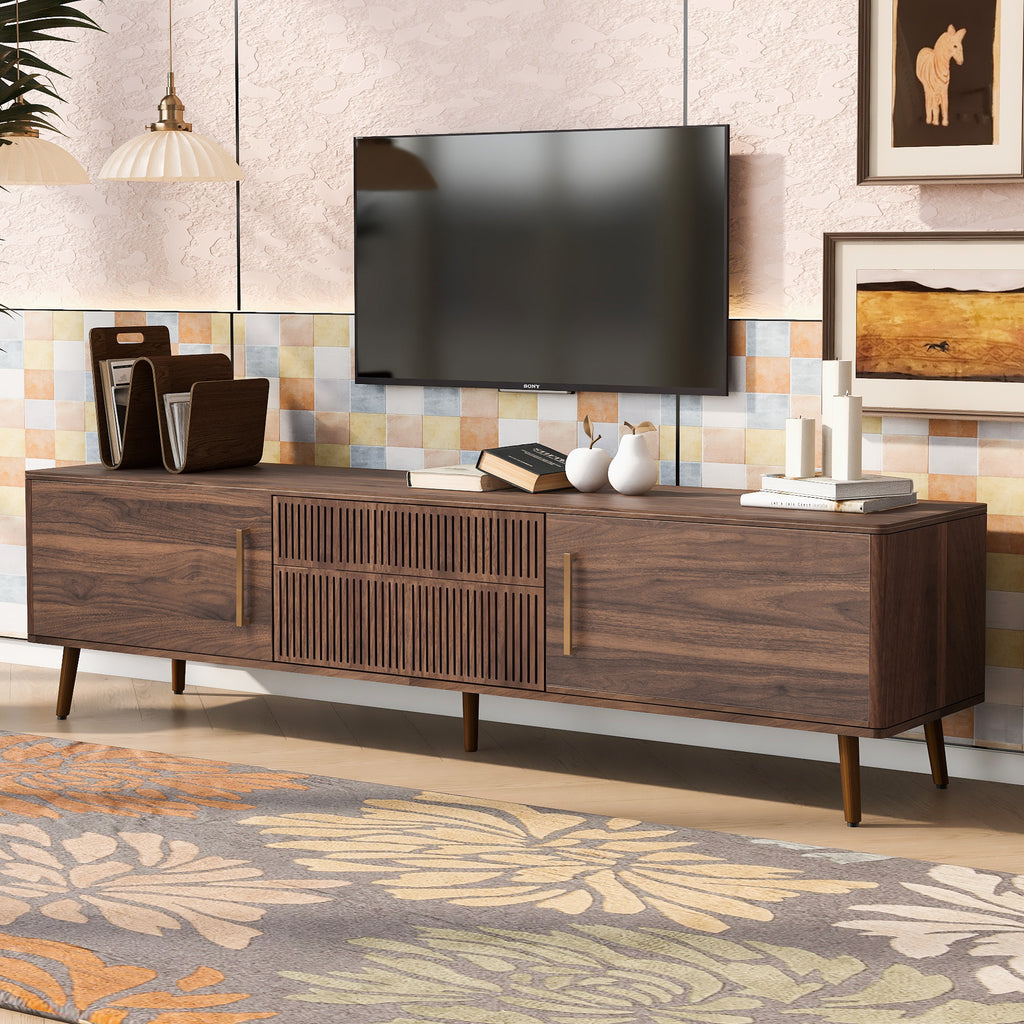Walnut solid wood mid-century TV stand with two drawers from Anthony & Home, showcasing a sleek, modern design and natural wood grain.