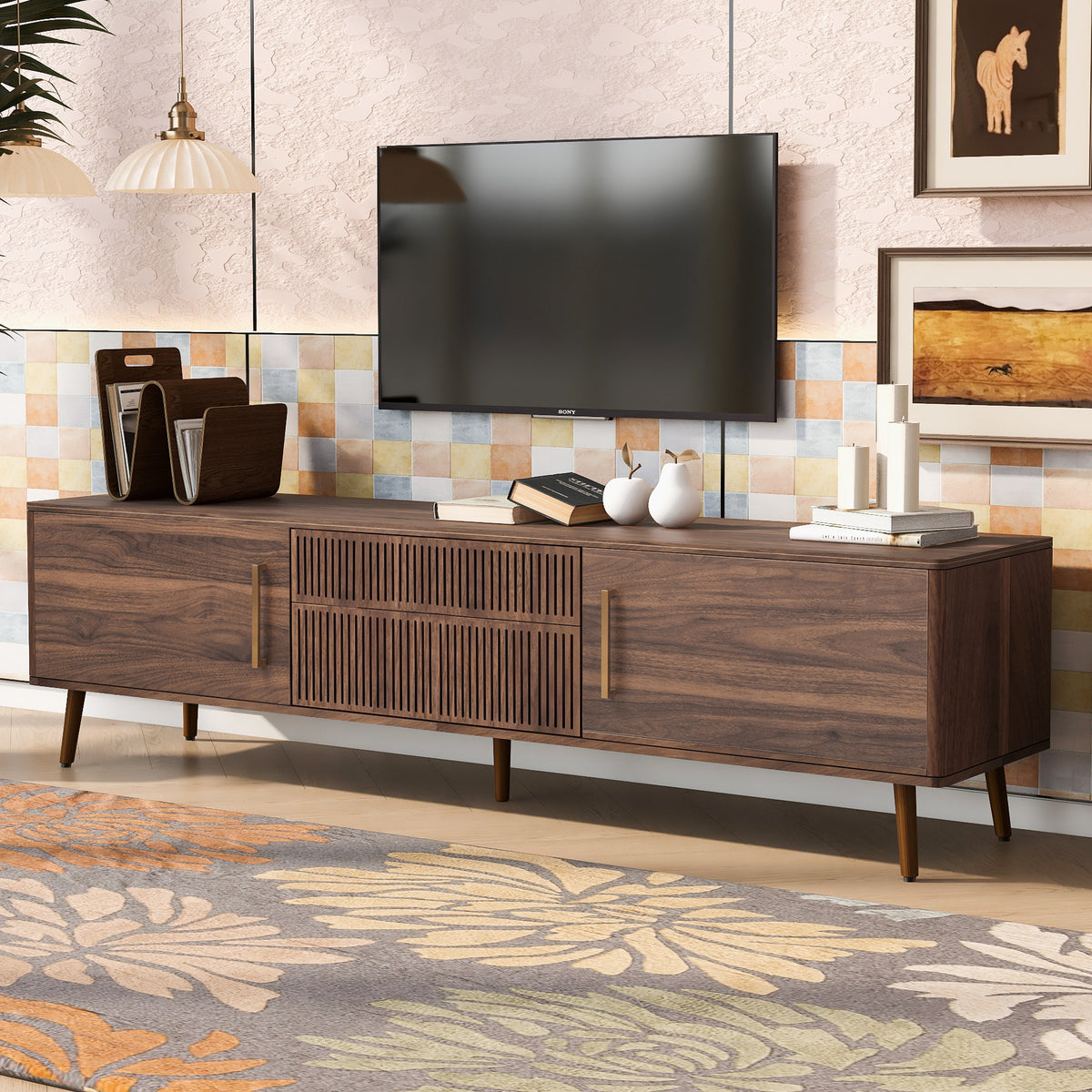 Walnut solid wood mid-century TV stand with two drawers from Anthony & Home, showcasing a sleek, modern design and natural wood grain.