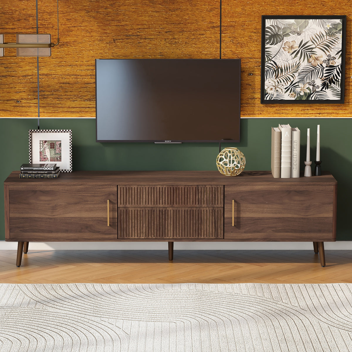 Walnut solid wood mid-century TV stand with two drawers from Anthony & Home, showcasing a sleek, natural wood finish and modern design.