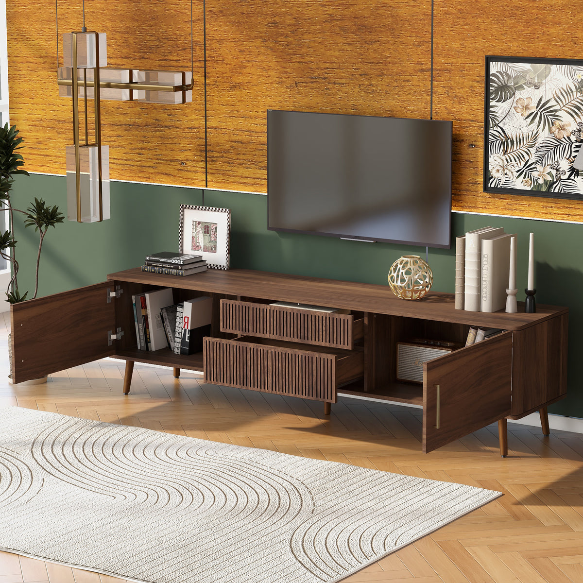Walnut solid wood mid-century TV stand with two drawers by Anthony & Home, showcasing a sleek, modern design.