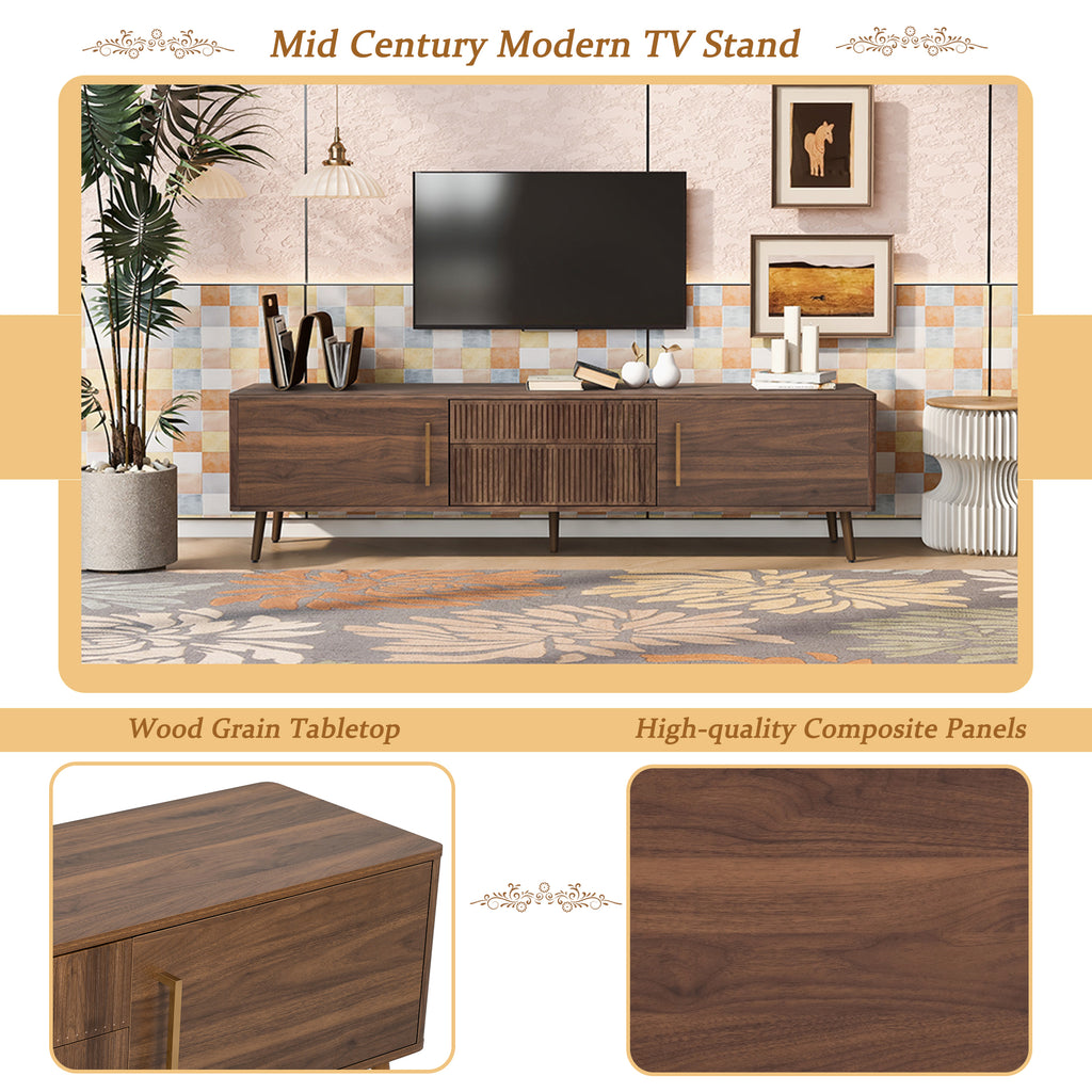 Walnut solid wood mid-century TV stand with two drawers by Anthony & Home, featuring a sleek, minimalist design.