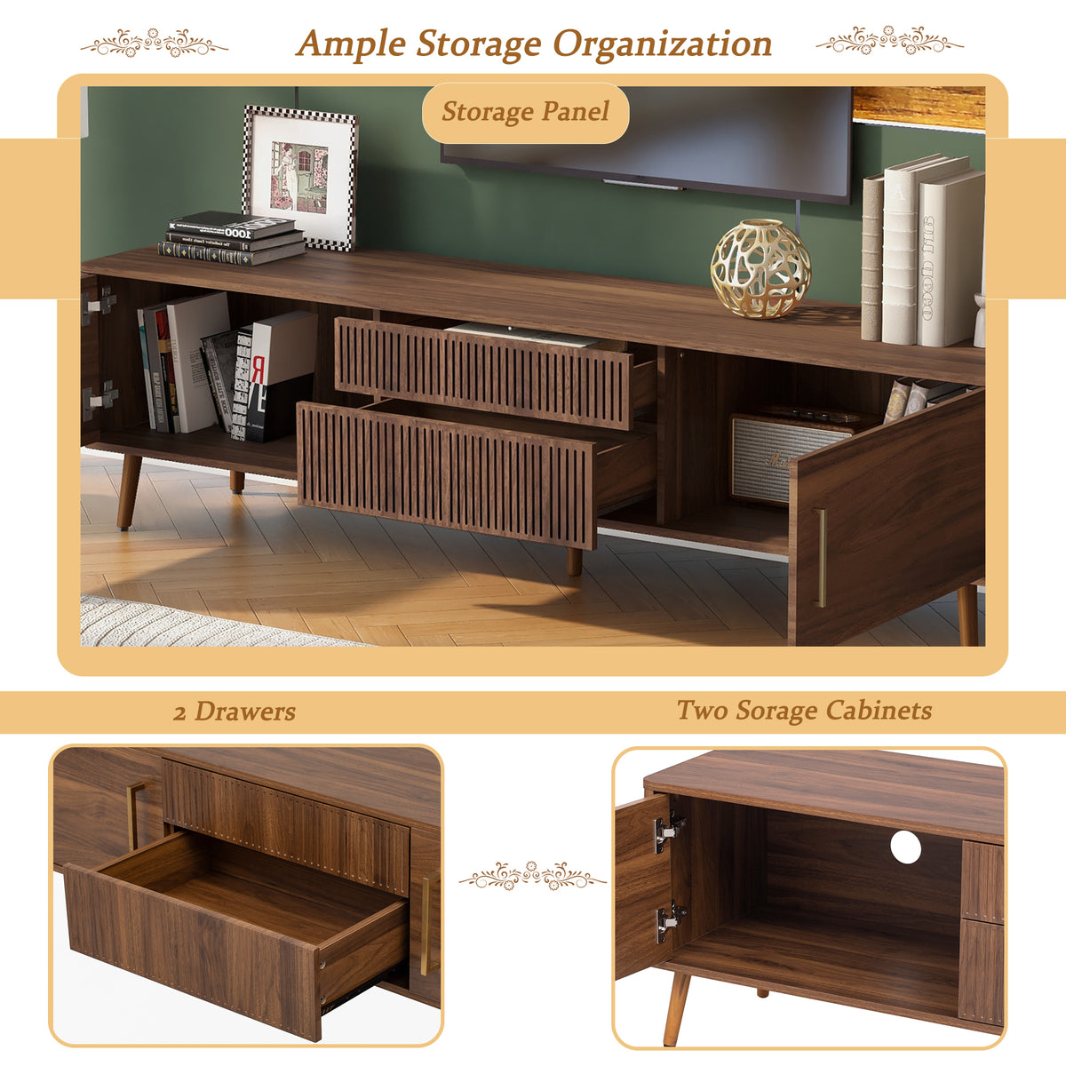 Walnut solid wood mid-century TV stand with two drawers by Anthony & Home, showcasing sleek mid-century design and natural wood finish.