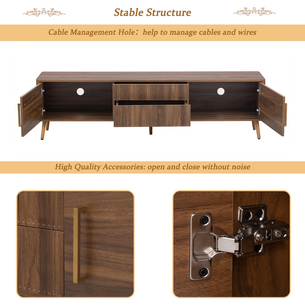 Walnut solid wood mid-century TV stand with two drawers by Anthony & Home, showcasing a stylish and functional living room furniture piece.