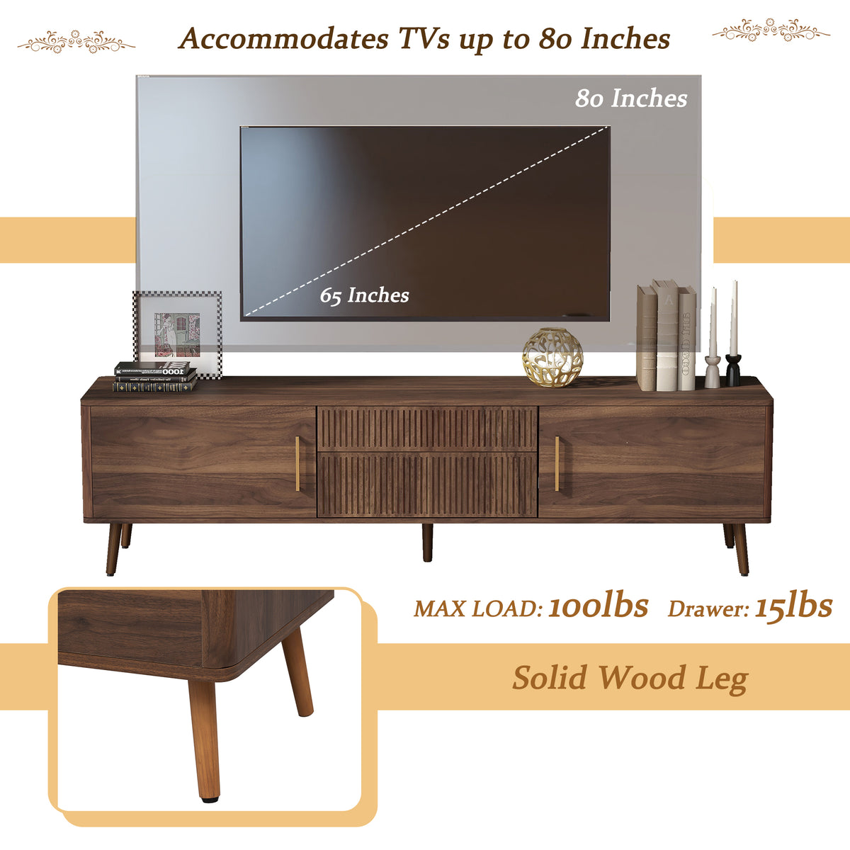 Walnut solid wood mid-century TV stand with two drawers by Anthony & Home, showcasing a sleek, modern design with smooth surfaces.