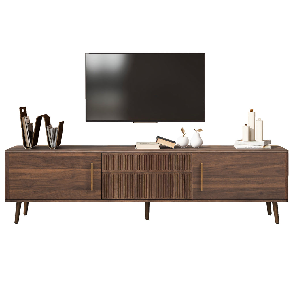 Walnut solid wood mid-century TV stand with two drawers by Anthony & Home, featuring a sleek, minimalist design.