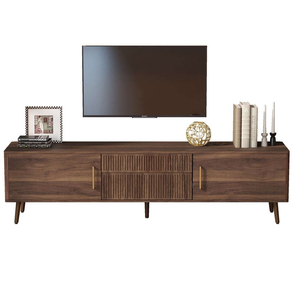 Walnut solid wood mid-century TV stand with two drawers by Anthony & Home, showcasing a sleek, modern design and natural wood grain.